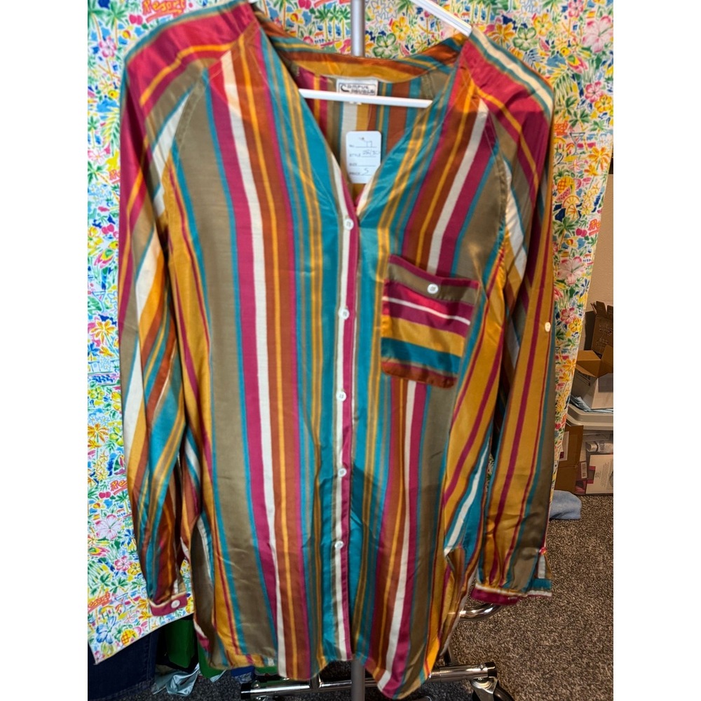 115 Vintage Campus Casuals‎ of California Striped Button Down Tunic Blouse Small